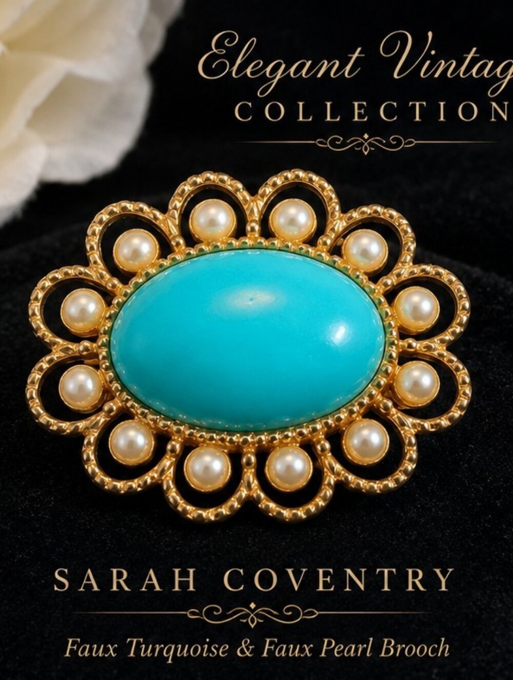 Vintage Sarah Coventry Turquoise Faux Pearl Brooch Gold Tone Signed